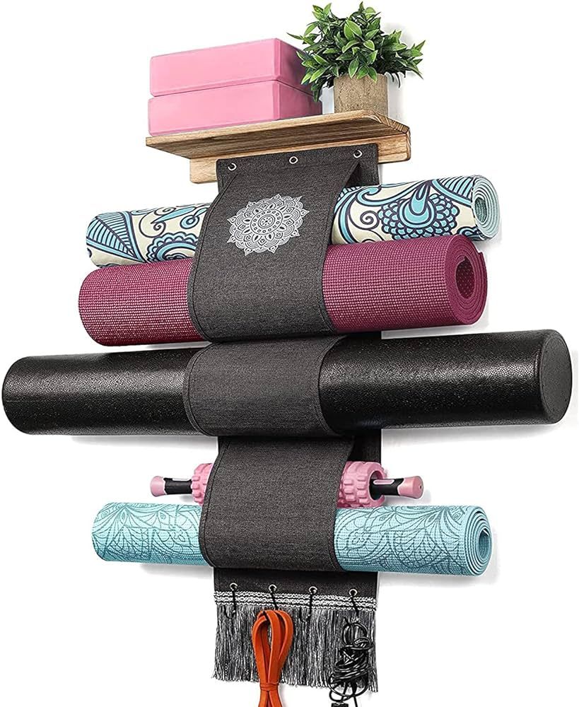 Yoga Mat Holder Wall Mount Yoga Mat Storage Rack with 3 Sizes Pocket Wood Floating Shelves and 4 ... | Amazon (US)