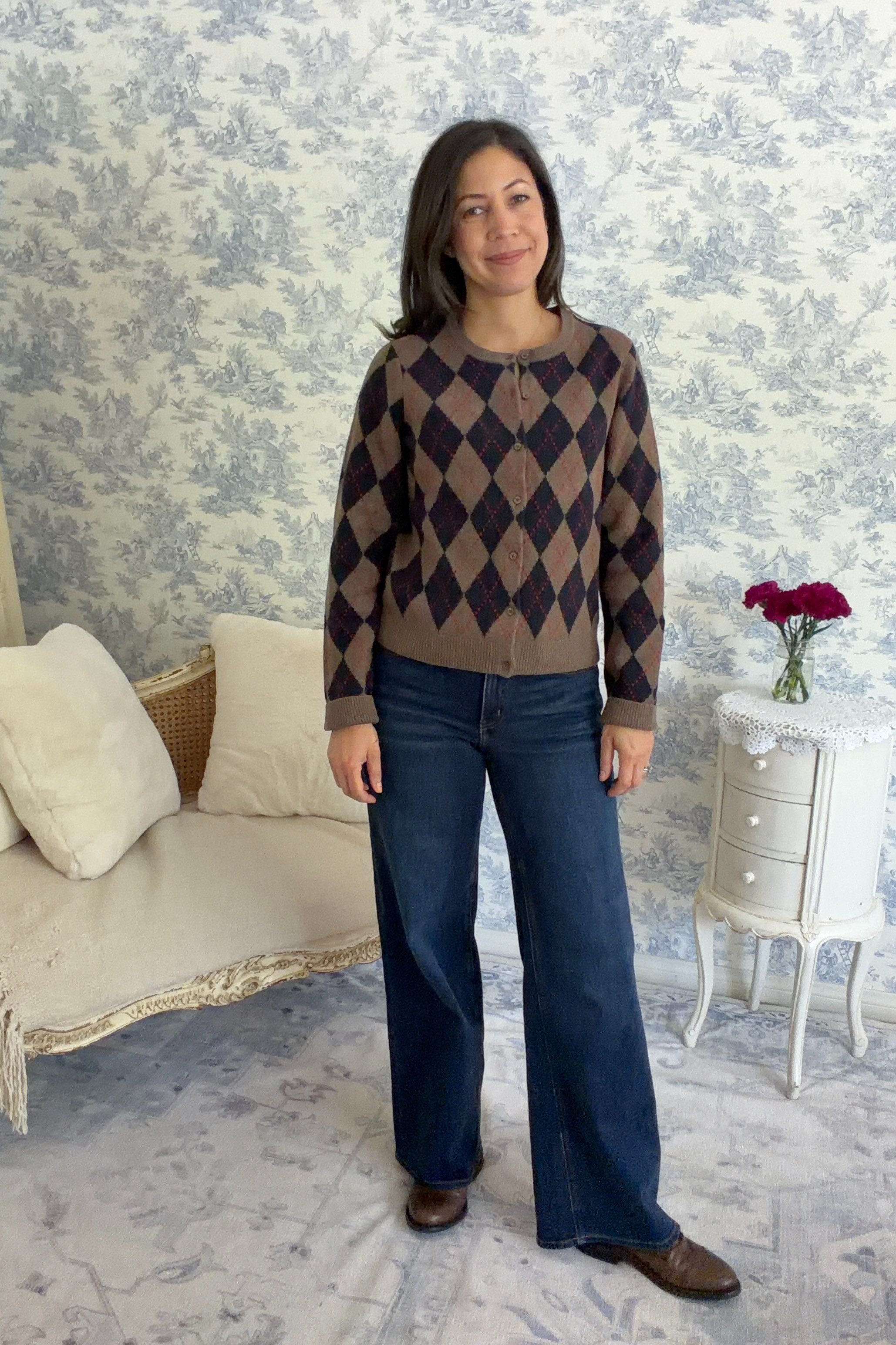 Nothing says fall more than argyle and Gap has perfected it with this chic and affordable cardigan. Paired with this wide leg jean from Quince and Thursday Boots Captain boot, this is a lovely and classic fall look. 

 #LTKootd #LTKSeasonal #LTKOver40