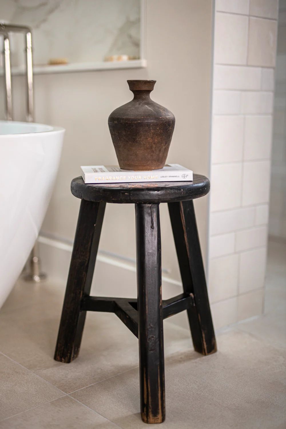 Vintage Elm Wood Round Stool Black | Luxe B Co