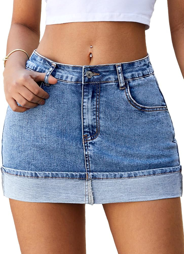 ELLEVEN High Stretchy Mini Denim Skirts with Shorts Underneath | Amazon (US)