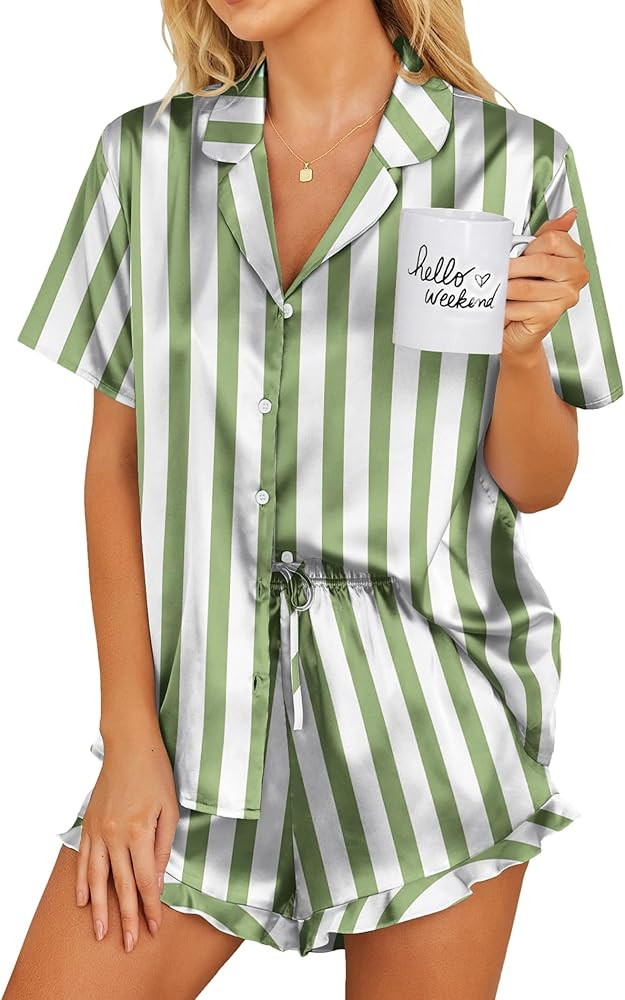 Ekouaer Womens Satin Pajamas Set Button Down 2 Piece Silk Pjs Shorts Set Ruffle Lingerie Notch Co... | Amazon (US)