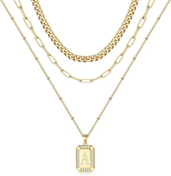 Gold Initial Necklaces for Women, 14K Gold Plated Layered Necklaces for Women Girls Cuban Choker ... | Amazon (US)