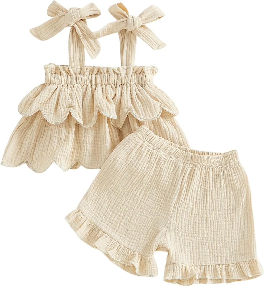 Toddler Baby Girl Fall Clothes Linen Outfits Ruffle Shirt Flare Pants Set | Amazon (US)