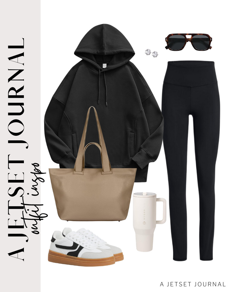 For an effortlessly classy look, choose a black-on-black combination of a hoodie and leggings. Complete the outfit with a leather tote bag and Lovee Cosee sneakers. If you're heading out for a morning run, don't forget to bring a HydroJug. 

 #LTKSeasonal #LTKSaleAlert #LTKTravel