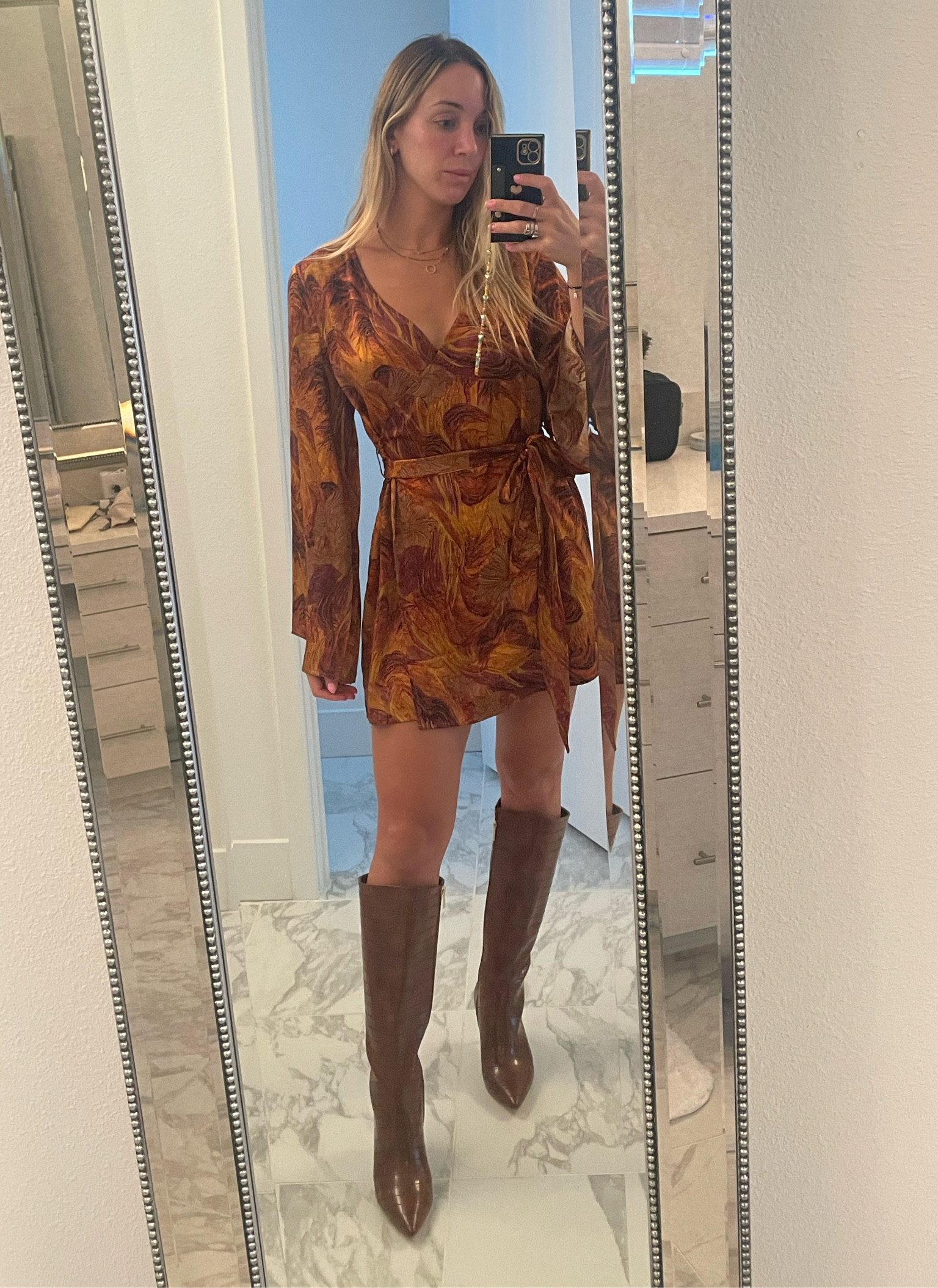 Fall look with this cute copper mini dress and my new chocolate boots. Just a little fall inspo even though it’s 90 degrees here in Florida  

#LTKsalealert #LTKstyletip #LTKfindsunder50