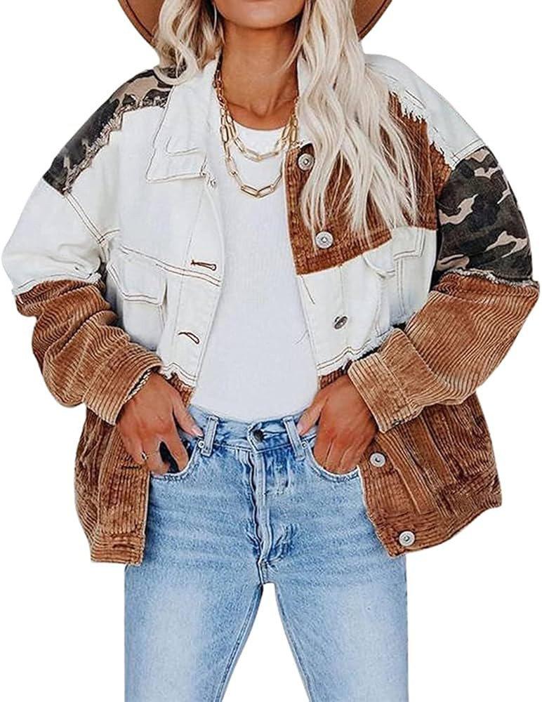 chouyatou Women's Contrast Camouflage Corduroy Loose Oversized Batwing Sleeve Ripped Casual Truck... | Amazon (US)