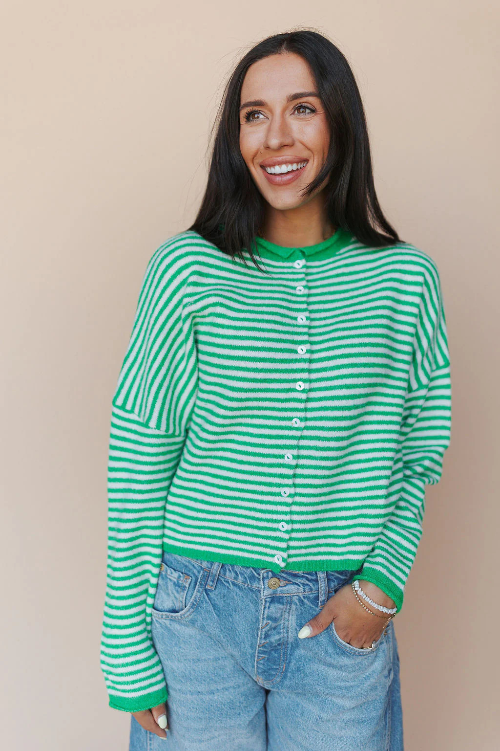 Piper Cardigan in Green Stripe | Henly