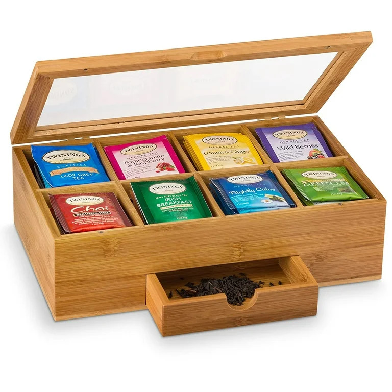 Bamboo Tea Bag Organizer - Tea Organizer: Wooden Tea Box with 8 Compartments, Acrylic Window, and... | Walmart (US)