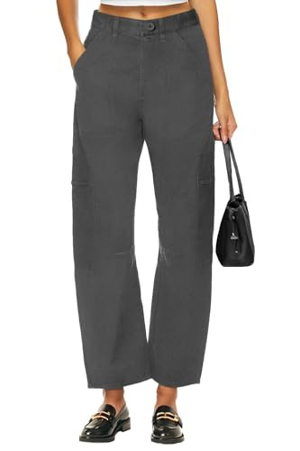Lepunuo Barrel Cargo Pants for Women Trendy High Waisted Cropped Cargo Pocket Baggy Stretch Wide Leg Tapered Jeans Dark Grey | Amazon (US)