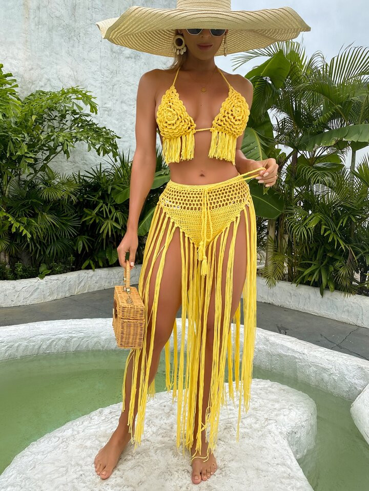 Fringe Hem Crochet Cover Up Set | SHEIN