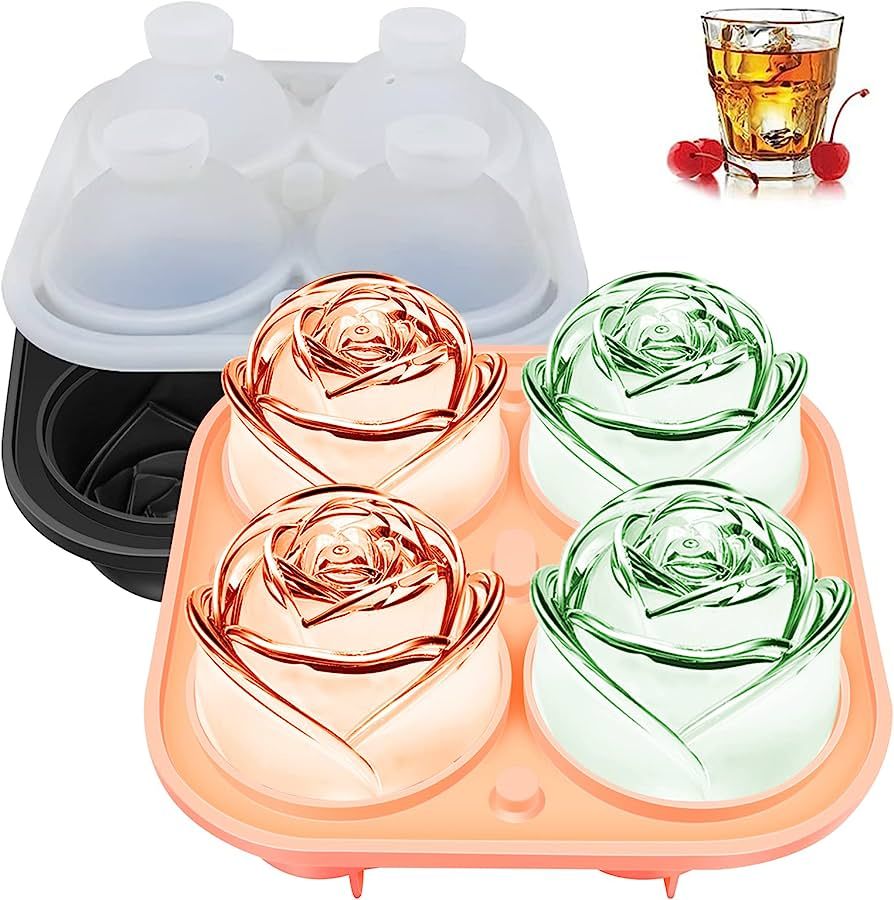 Pack 2, KooMall Large Ice Cube Tray, 3D Rose Ice Mold 2.5 Inch, Make 8 Giant Cute Flower Shape Ic... | Amazon (US)