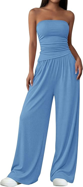 PRETTYGARDEN Womens 2 Piece Set Summer Outfits 2026 Asymmetrical Ruched Tube Top and Wide Leg Pan... | Amazon (US)