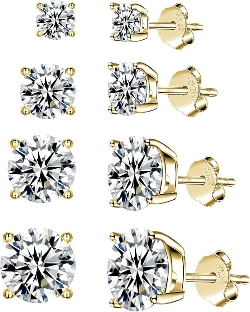 925 Sterling Silver Stud earrings Set | White Gold Plated Hypoallergenic Stud Earrings | Cubic Zi... | Amazon (US)