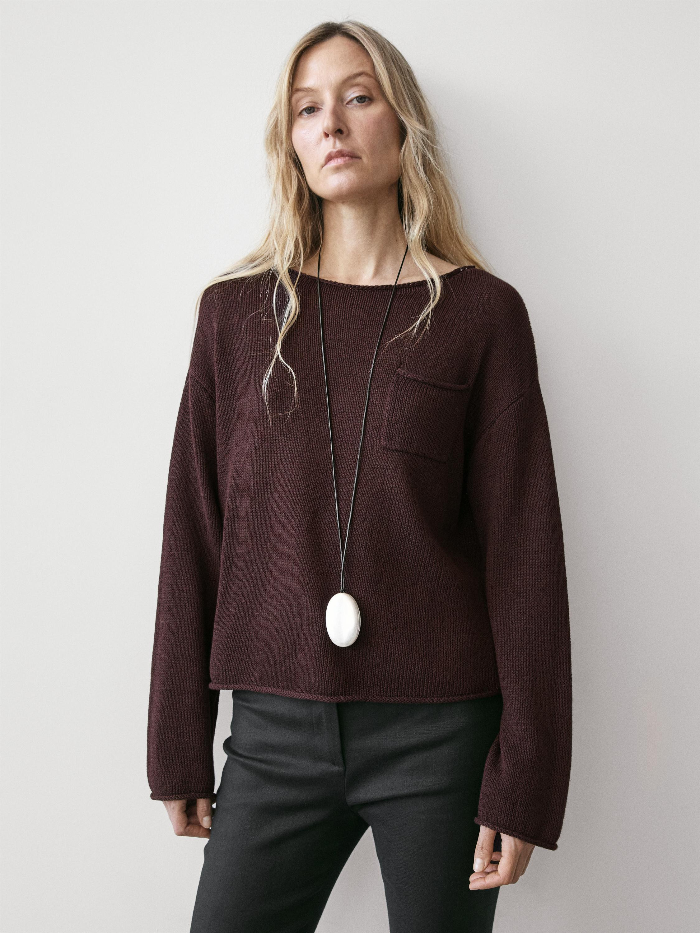 Cotton and linen knit sweater with pocket detail | Massimo Dutti UK