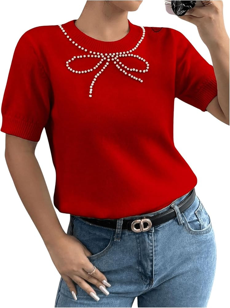 MakeMeChic Women's Bow Sweater Crew Neck Short Sleeve Knitted Pullover Beaded Tops | Amazon (US)