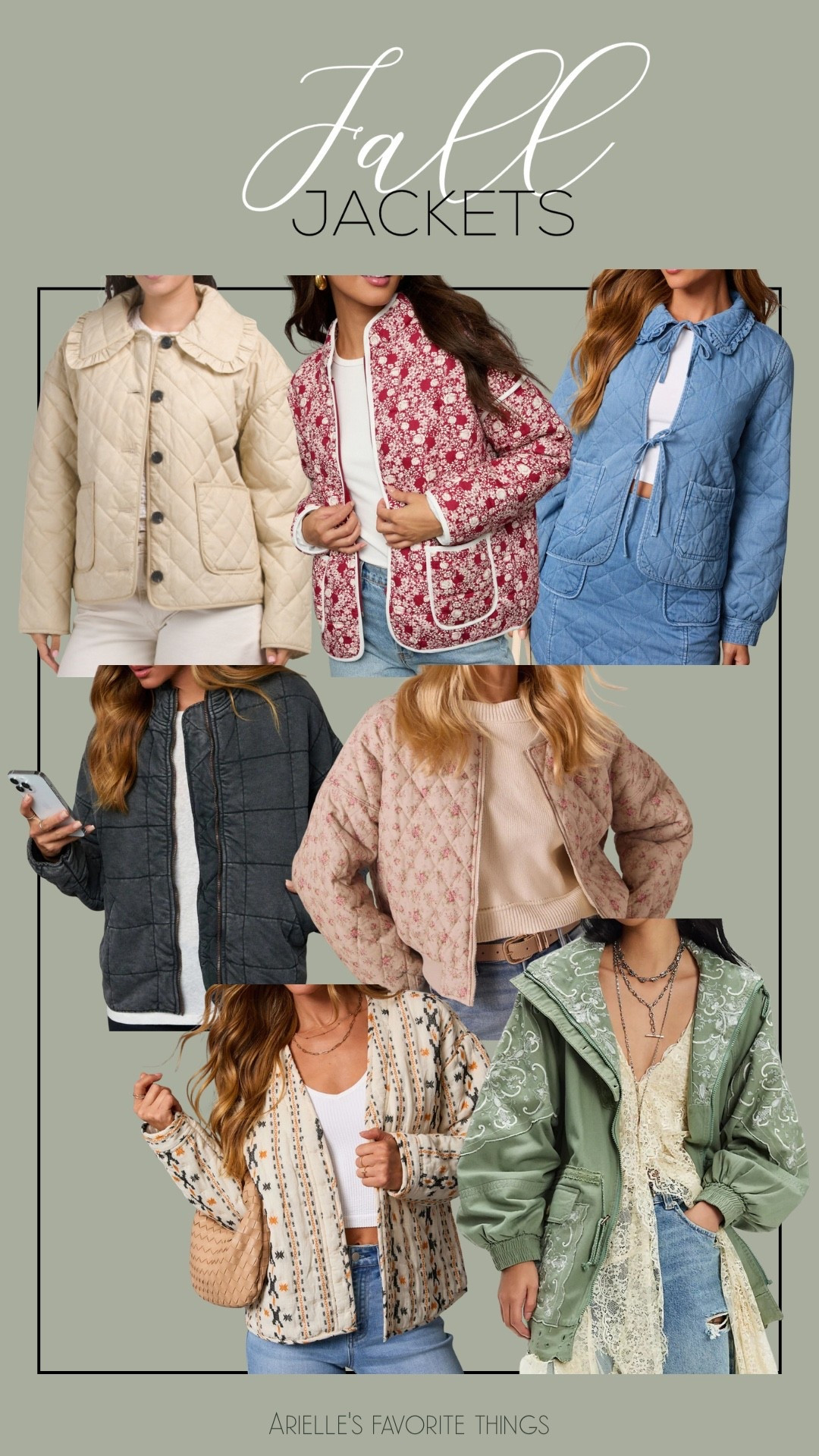 🍂 Fall layers I’m loving right now 🍂 These quilted and embroidered jackets are giving major cozy-girl energy — perfect for apple picking, coffee runs, or just pretending it’s crisp out 😌. From soft neutrals to sweet florals and that dreamy sage green, these are Arielle’s favorite things this season. Tap to shop or comment JACKETS to grab your fave!


#LTKfallfashion #falljackets #quiltedjacket #LTKfinds #fallstyleinspo

#LTKSeasonal #LTKStyleTip