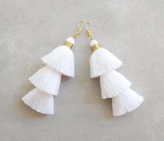 Pure White Three Layered Tassel Earrings with Gold Binding | Etsy (US)