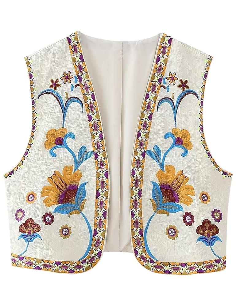Yimoon Women's Vintage Floral Embroidery Vest Casual Open Front Sleeveless Cardigan Waistcoat | Amazon (US)