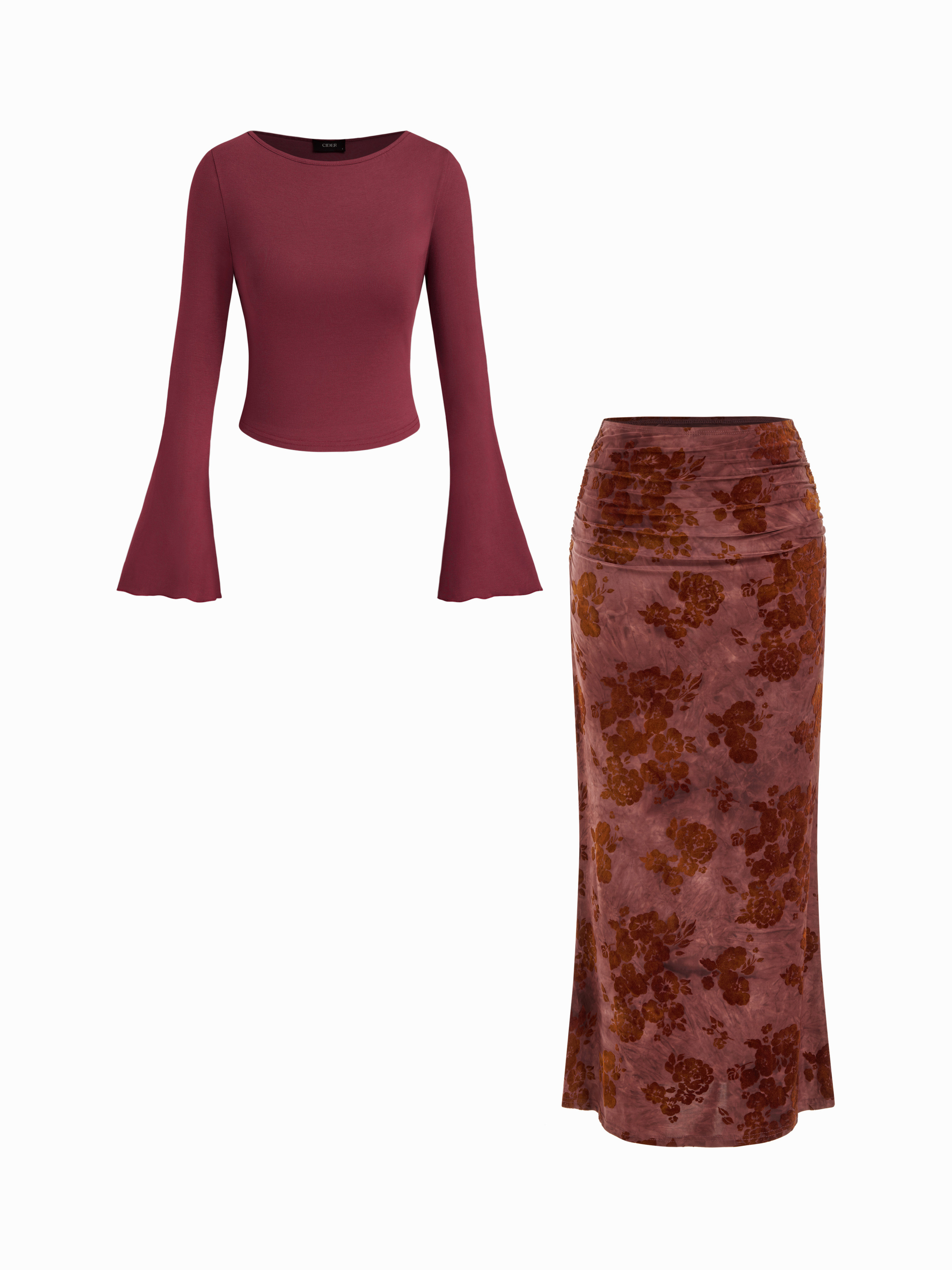 Knit Fabric Boat Neck Long Sleeve Top & Mid Rise Floral Ruched Maxi Skirt Set For Daily Casual | Cider