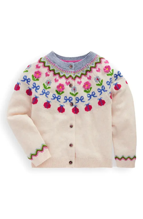 Mini Boden Kids' Edie Fair Isle Cardigan in Ecru Marl Flowers at Nordstrom, Size 2-3Y | Nordstrom