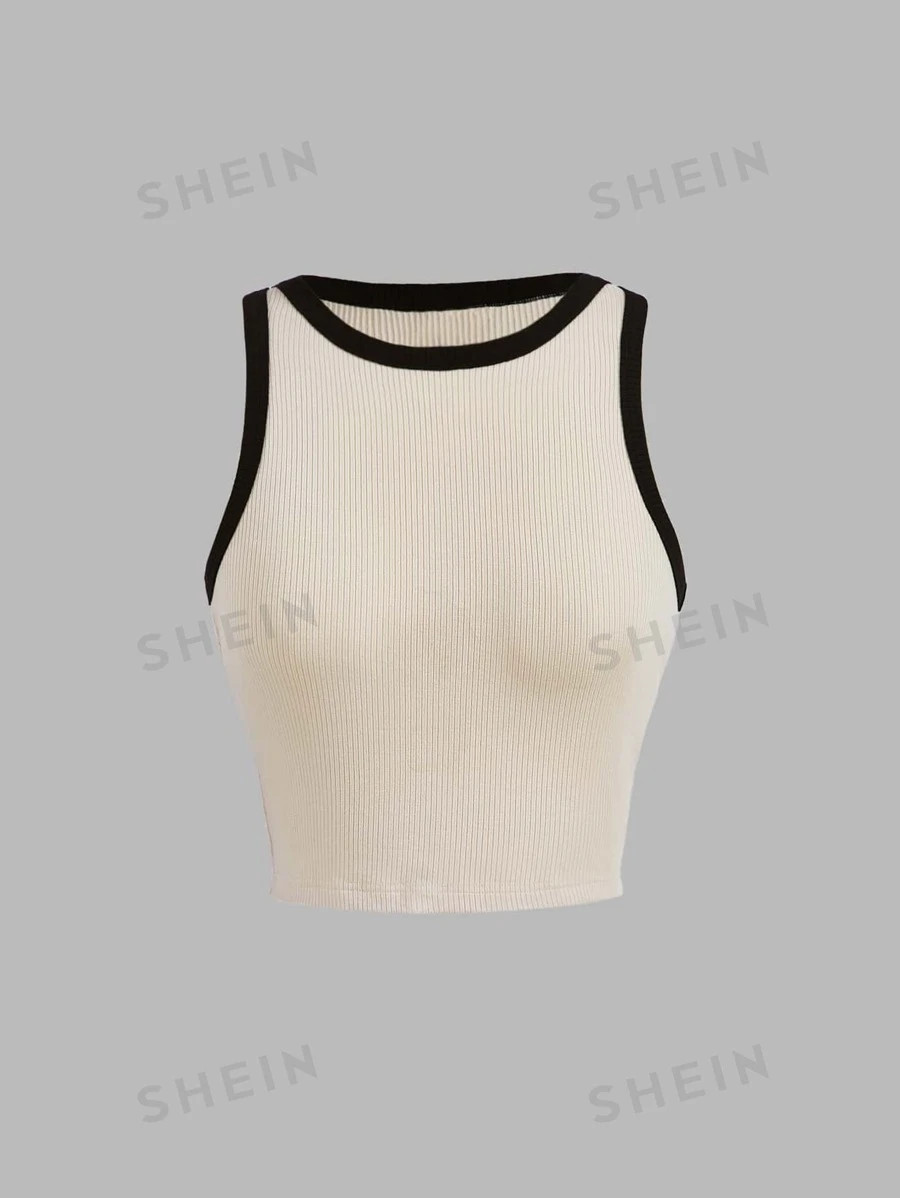 SHEIN MOD Apricot And Black Summer Contrast Binding Crop Tank Top | SHEIN