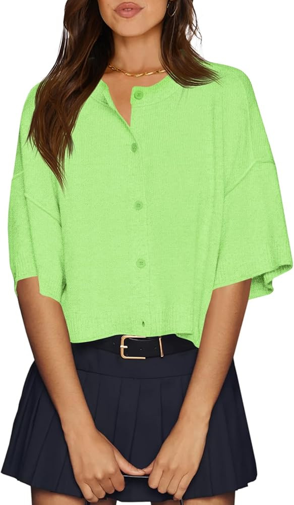 Cicy Bell Womens Half Sleeve Cardigan Sweaters Cropped Button Down Tops Oversized Lightweight Rib... | Amazon (US)