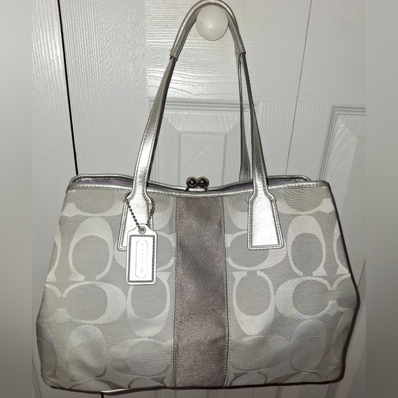 Coach Signature Stripe Kisslock Tote Silver & Gray F13533 – Excellent Condition | Poshmark