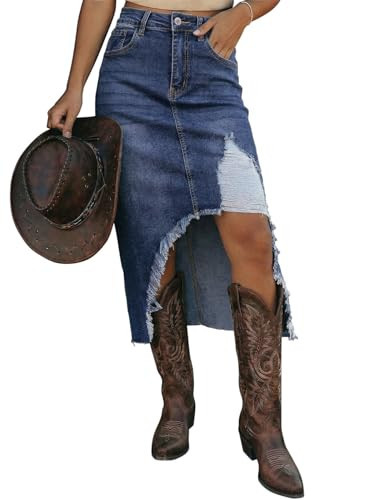 Dokotoo High Waisted Denim Skirt for Women Summer Distressed Summer Button Front Ripped Midi Jean Skirt Long Denim Skirts Cowboy Western Outfits for Women Cowgirl Dress Sail Blue Skirts Small | Amazon (US)