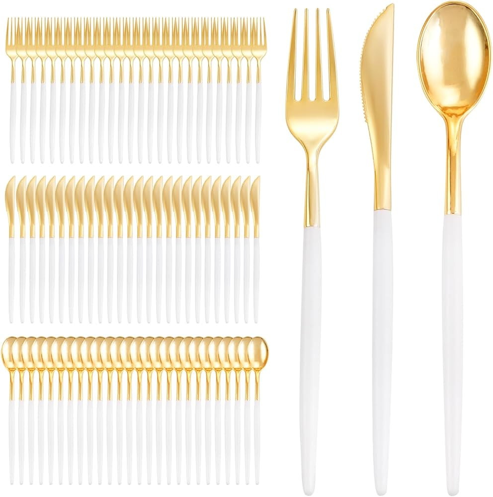 I00000 300 Pcs Gold Plastic Silverware - Gold Disposable Silverware - Premium White Cutlery Set I... | Amazon (US)