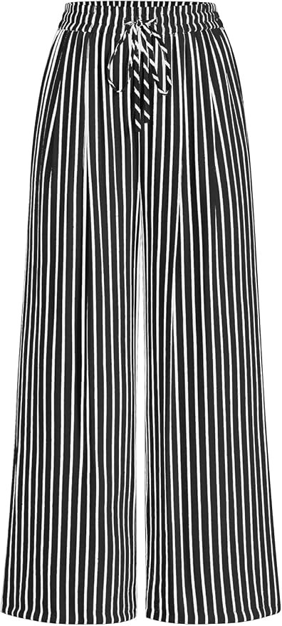 PRETTYGARDEN Womens Pants Elastic Waist Striped Lightweight Palazzo Pant | Casual Lounge Wide Leg... | Amazon (US)