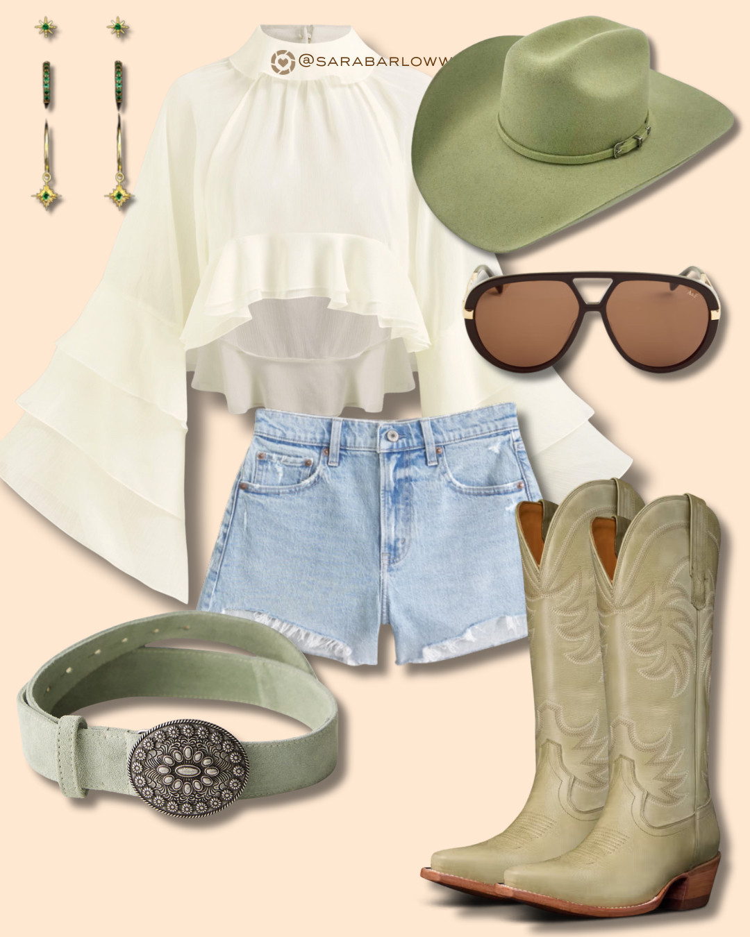 are you a green girlie looking to take on stagecoach? i'm never not thinking about the sage green Annie Tecovas and this would be the perfect way to bring an awesome pop of color to your festival look! paired with a free people belt, cider top, and eyrful artistry earring set - this outfit is a must-have for any summer country concert  

 #LTKootd #LTKPetite #LTKTall