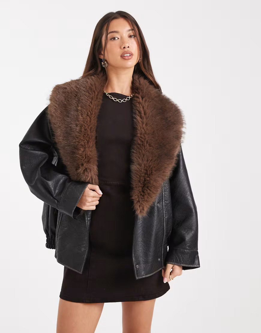 ASOS DESIGN leather look shawl collar faux fur collar bomber jacket in black | ASOS (Global)