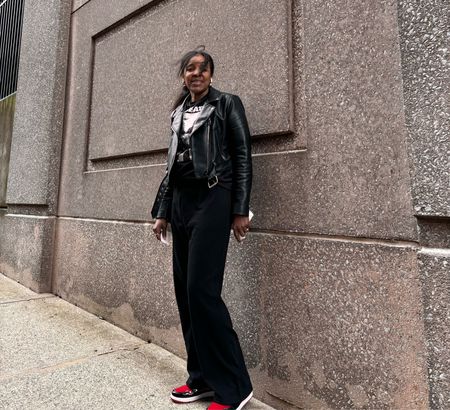 Jordan 1’s retro moto jacket black sweatpants the Beatles tshirt Loewe dupe earrings 

#LTKstyletip #LTKshoecrush #LTKActive