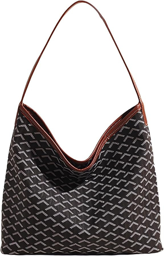 Geometric pattern shoulder bag, large capacity shoulder bag, brown trim, stylish women's crossbod... | Amazon (US)