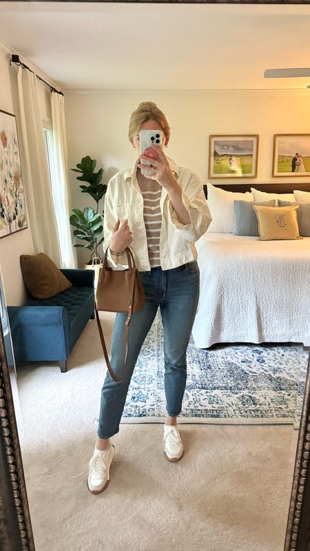 Casual outfit of the day - 

short sleeve cashmere striped sweater tee with cream white lightweight jacket layered on top. - sized up in the sweater tee & jacket fits true to size 

Straight leg blue jeans - fit true to size 

White sneakers - fit true to size 

Brown leather mini tote, short strap and converts to crossbody bag 

Spring outfit idea

#LTKxMadewell #LTKfindsunder100 #LTKstyletip