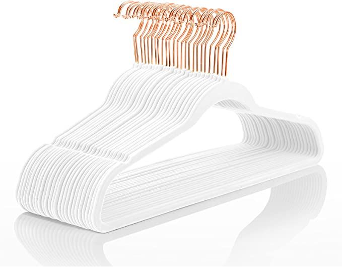 MIZGI Premium Velvet Hangers (50 Pack) Heavy Duty - Non Slip Felt Hangers - White - Rose Gold Swi... | Amazon (US)