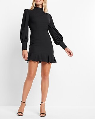 Mock Neck Puff Sleeve Ruffle Hem Mini Dress | Express