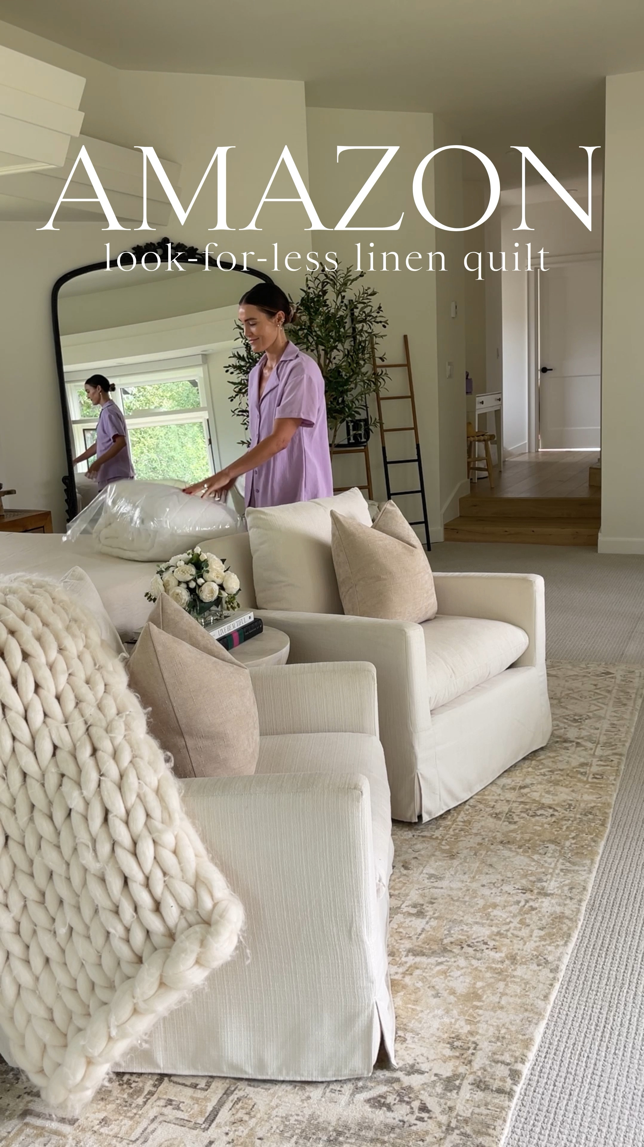 HOME \ look-for-less bed quilt from Amazon! $139 vs Pottery Barn’s version at $349 - same look for under half of the price!!🙌🏻 I styled the white on my bed and got the beige for the bunk room. Loooove the natural material and texture it adds to the bed!

#LTKHome #LTKVideo