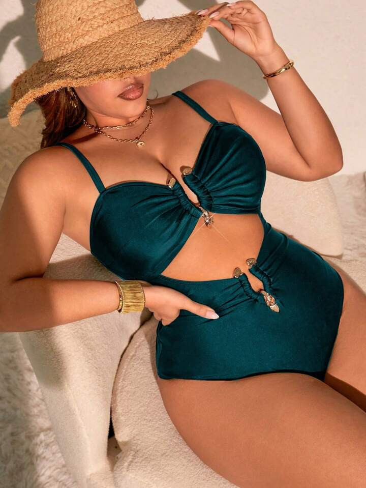 Swim Chiccia Plus Size Women's One-Piece Metal Buckle Decorated Adjustable Strap Hollow Out Sexy ... | SHEIN