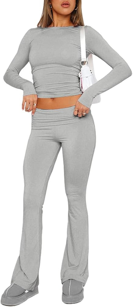 GRMLRPT Women 2 Piece Lounge Sets Fold-Over Flare Leggings Pants Matching Slim Fit Long Sleeve Cr... | Amazon (CA)