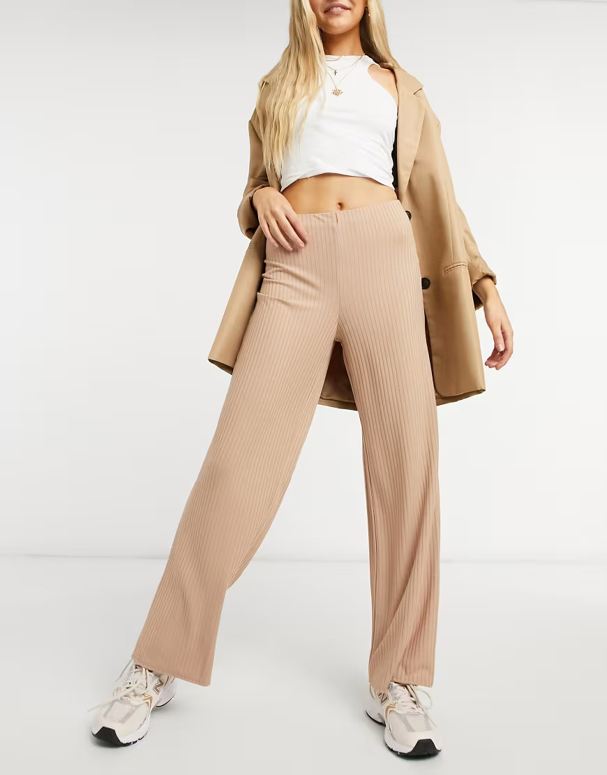 New Look ribbed wide leg pants in camel-Tan | ASOS (Global)