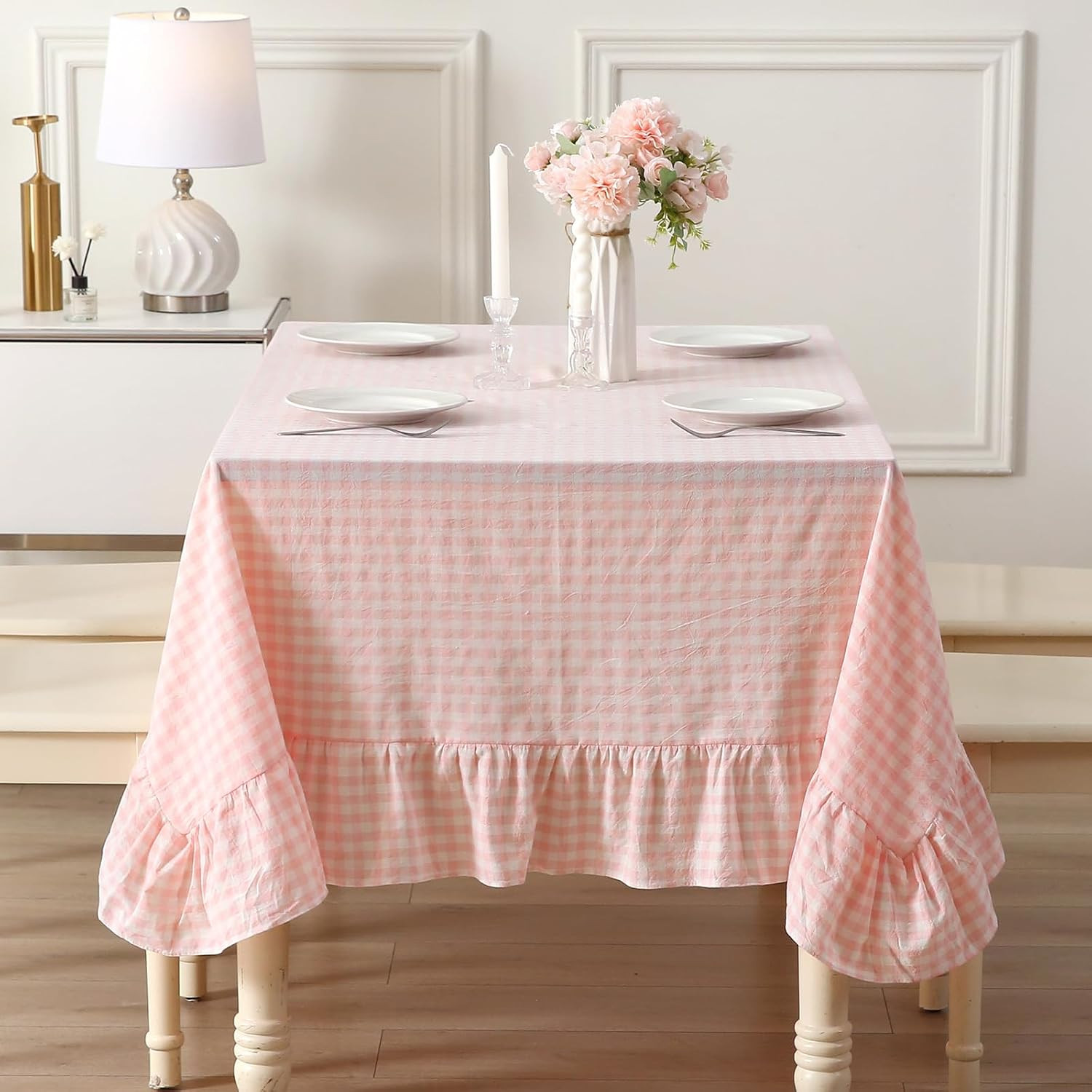 Blush White Gingham Ruffled Table Cloth Rectangular 120“x60” | Amazon (US)
