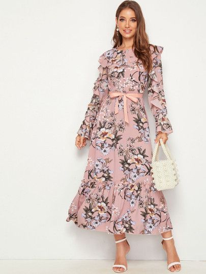 Floral Print Ruffle Trim Belted Dress | SHEIN