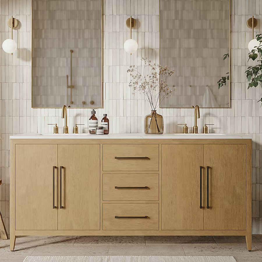 Wavecrest Designs Newtown 72-in Wire-brushed light oak Undermount Double Sink Bathroom Vanity wit... | Lowe's