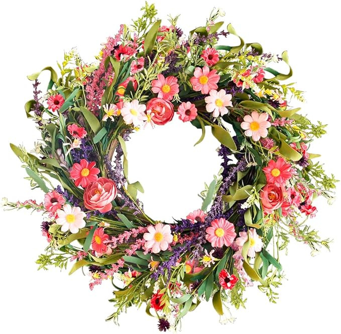 Qingbei Rina Spring Wreaths for Front Door, 22-24 Inch Wreath for Decorating with Daisy and Laven... | Amazon (US)