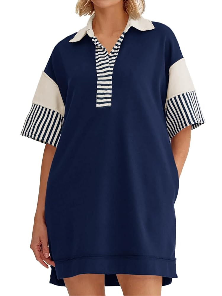 Wenrine Women's Polo V Neck T Shirt Dress Casual Summer Oversized Color Block Short Sleeve Sweats... | Amazon (US)