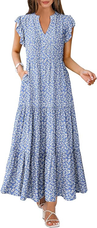 ANRABESS Womens Summer Casual Maxi Dress V Neck Ruffle Sleeve Long Dresses Fashion Flowy Tiered B... | Amazon (US)