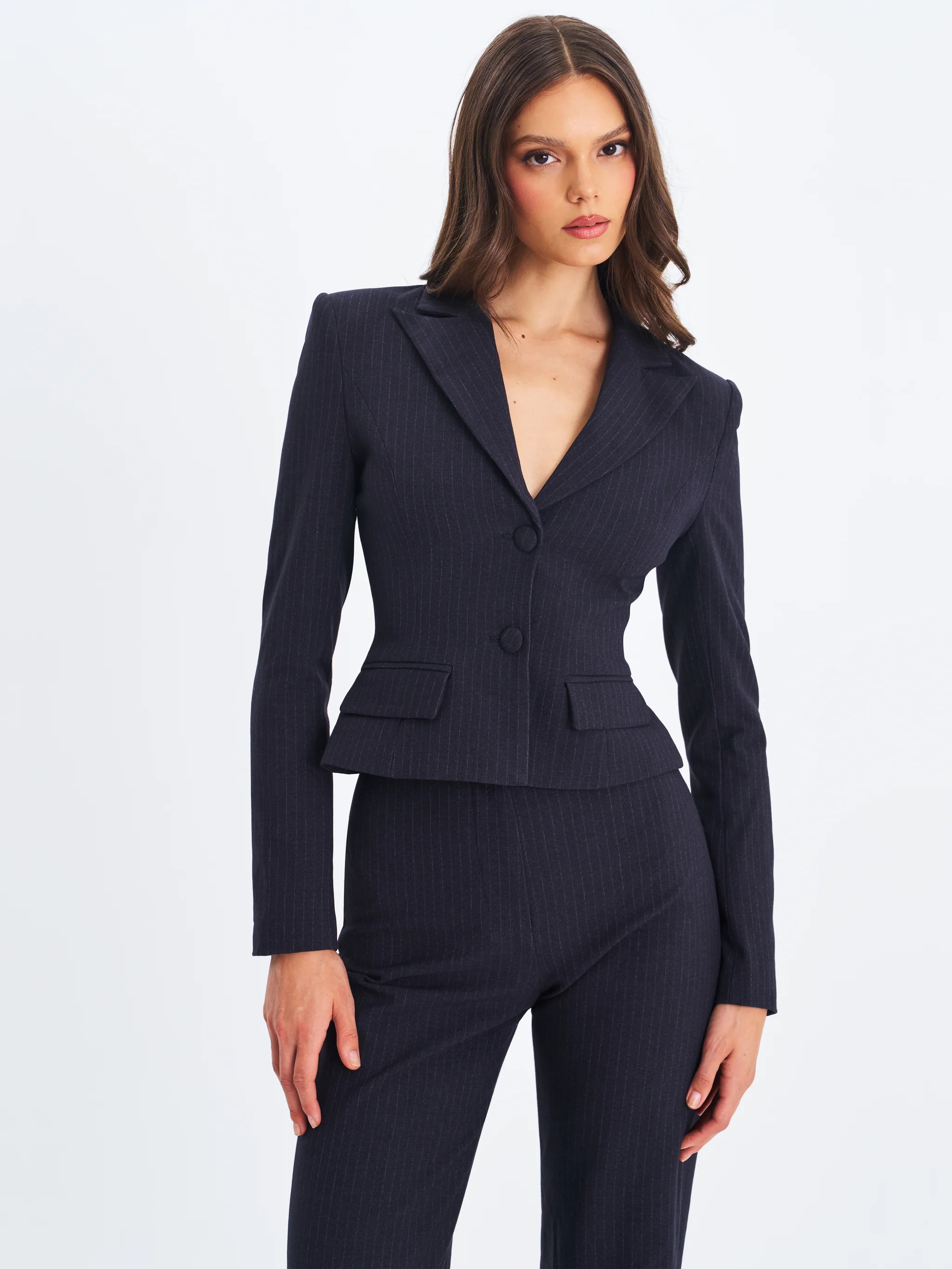 Quinne Navy Striped Single-Breasted Peplum Blazer | Miss Circle