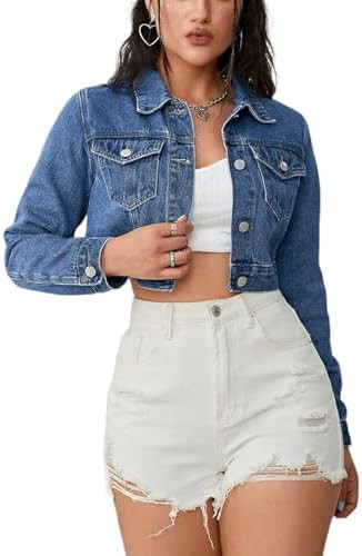 Cropped Jean Jacket for Women Long Sleeve Classic Casual Crop Top Denim Jackets Coat | Amazon (US)