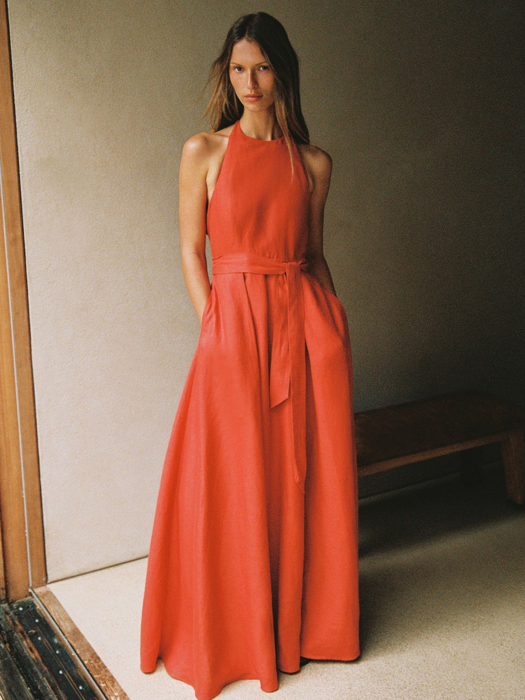 Reiss Linen Open-Back Maxi Dress in Coral Orange - REISS | Reiss UK